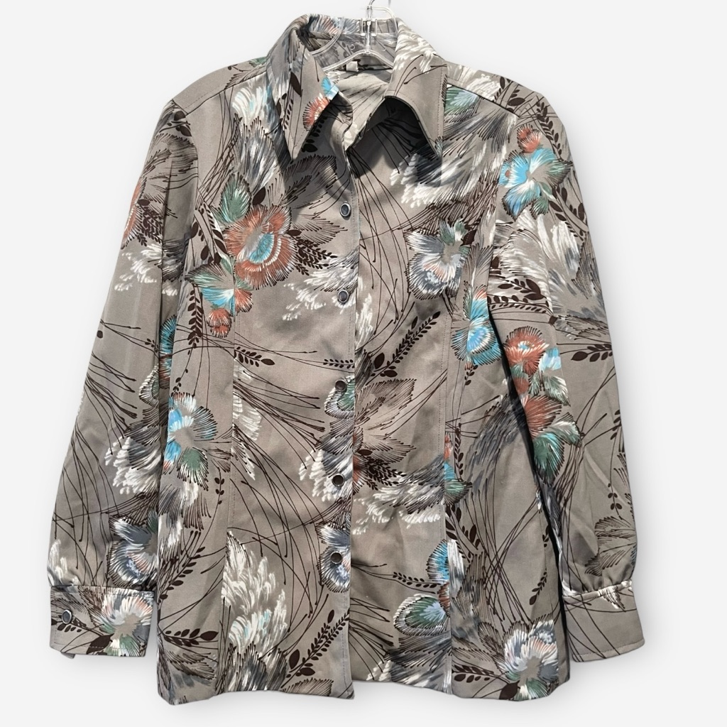 Vintage Grey Floral Button Down Shirt Wide Collar Sz 10